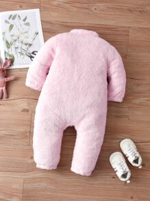 嬰兒素色拉鍊法蘭絨連身褲 - 粉色 - 查看 2