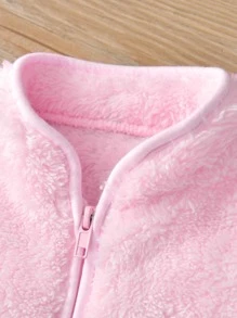 嬰兒素色拉鍊法蘭絨連身褲 - 粉色 - 查看 3