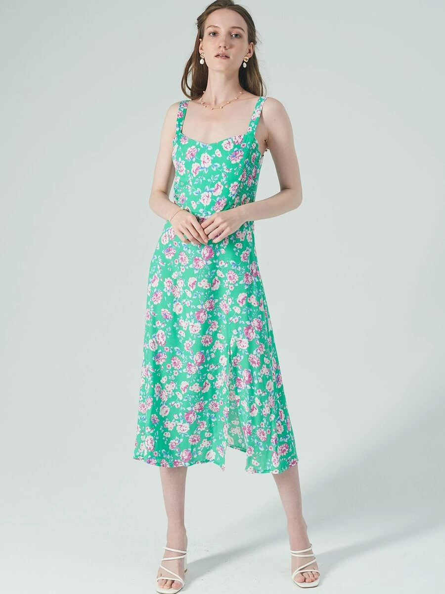 EURMUSE Allover Floral Print Split Thigh Cami Dress - Mint Green - View 1