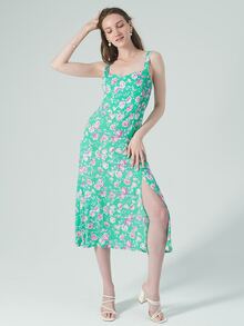 EURMUSE Allover Floral Print Split Thigh Cami Dress - Mint Green - View 2