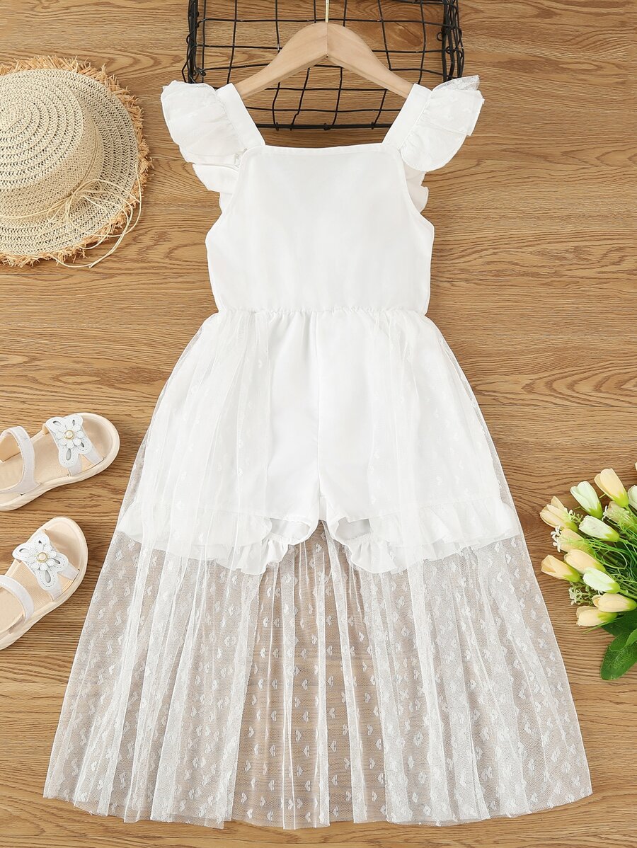 Toddler Girls Ruffle Trim Mesh Overlay Jumpsuit - White - View 1