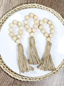 Gói 6 Vòng khăn ăn trang trí đính cườm và Tua rua, Kẹp khăn ăn bằng gỗ cho bữa tiệc - Màu be - Xem 2