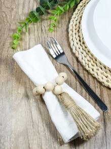 Gói 6 Vòng khăn ăn trang trí đính cườm và Tua rua, Kẹp khăn ăn bằng gỗ cho bữa tiệc - Màu be - Xem 3