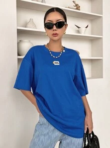 DAZY Slogan Patched Drop Shoulder Tee KEEP CALM Oversized T-Shirt - Royal Blue - View 1