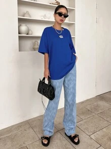 DAZY Slogan Patched Drop Shoulder Tee KEEP CALM Oversized T-Shirt - Royal Blue - View 4