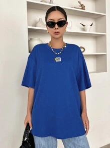 DAZY Slogan Patched Drop Shoulder Tee KEEP CALM Oversized T-Shirt - Royal Blue - View 5