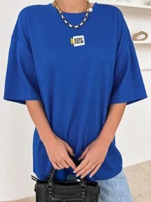 DAZY Slogan Patched Drop Shoulder Tee KEEP CALM Oversized T-Shirt - Royal Blue - View 6