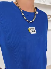 DAZY Slogan Patched Drop Shoulder Tee KEEP CALM Oversized T-Shirt - Royal Blue - View 7