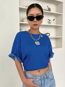 DAZY Slogan Patched Drop Shoulder Tee KEEP CALM Oversized T-Shirt - Royal Blue - View 8
