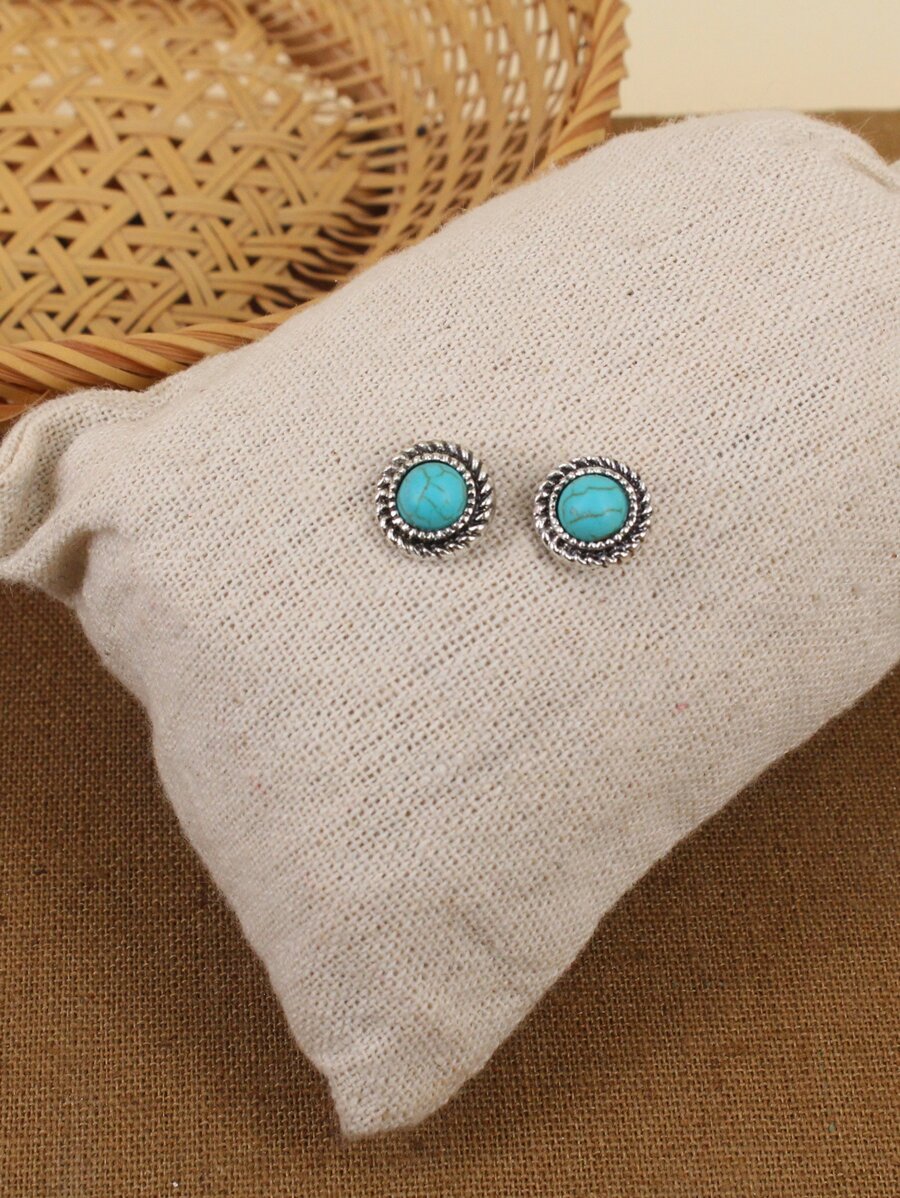 Turquoise Decor Round Design Stud Earrings - Baby Blue - View 1