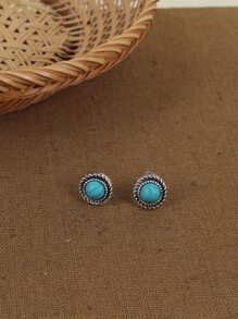 Turquoise Decor Round Design Stud Earrings - Baby Blue - View 2