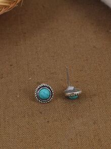 Turquoise Decor Round Design Stud Earrings - Baby Blue - View 3