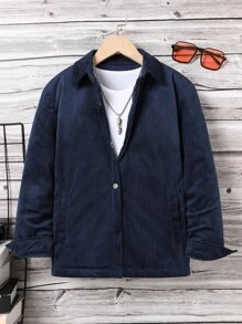 Tween Boy Button Front Corduroy Padded Coat Without Tee - Navy Blue - View 6