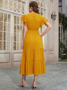 Seusyu Đầm Maxi Xếp Ly Tay Bướm Có Viền Xếp Tầng Cho Nữ - Màu vàng - Xem 2