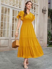 Seusyu Đầm Maxi Xếp Ly Tay Bướm Có Viền Xếp Tầng Cho Nữ - Màu vàng - Xem 3