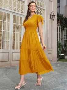 Seusyu Đầm Maxi Xếp Ly Tay Bướm Có Viền Xếp Tầng Cho Nữ - Màu vàng - Xem 5