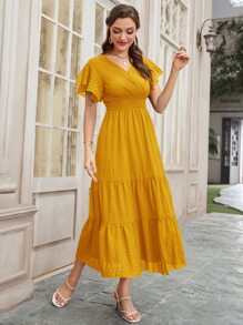 Seusyu Đầm Maxi Xếp Ly Tay Bướm Có Viền Xếp Tầng Cho Nữ - Màu vàng - Xem 6