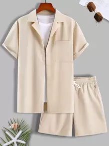 Manfinity Homme 男士素色單口袋前襯衫和短褲不帶T恤 - 卡其色 - 查看 1