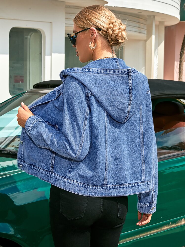 スラントポケット フード付き デニムジャケット | SHEIN JAPAN