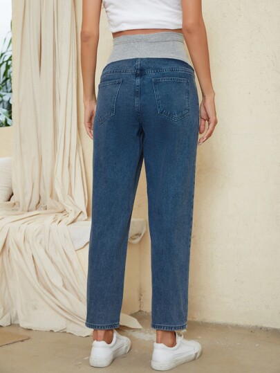 SHEIN Maternity High Waist Colorblock Straight Leg Jeans