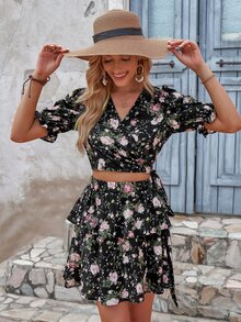 Floral Print Wrap Blouse & Layered Hem Skirt - Black - View 4