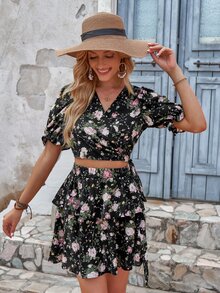Floral Print Wrap Blouse & Layered Hem Skirt - Black - View 5