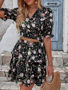 Floral Print Wrap Blouse & Layered Hem Skirt - Black - View 6