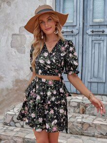 Floral Print Wrap Blouse & Layered Hem Skirt - Black - View 7