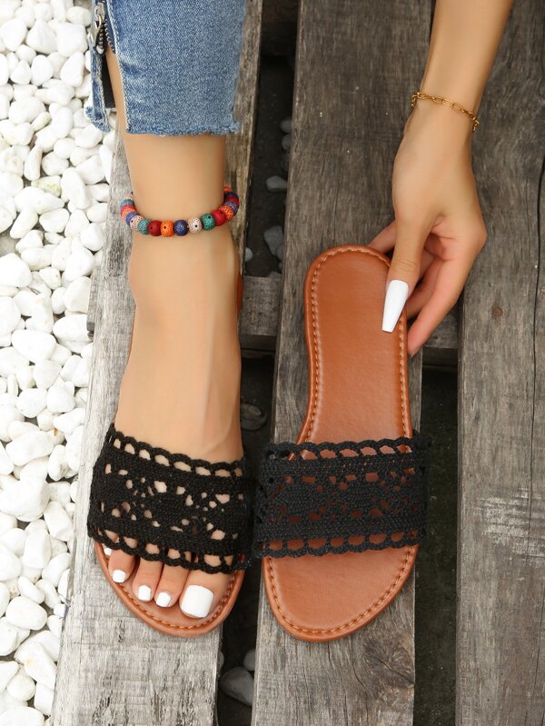 Modieuze outdoor platte pantoffels voor dames, uitgeholde polyester open teenslippers