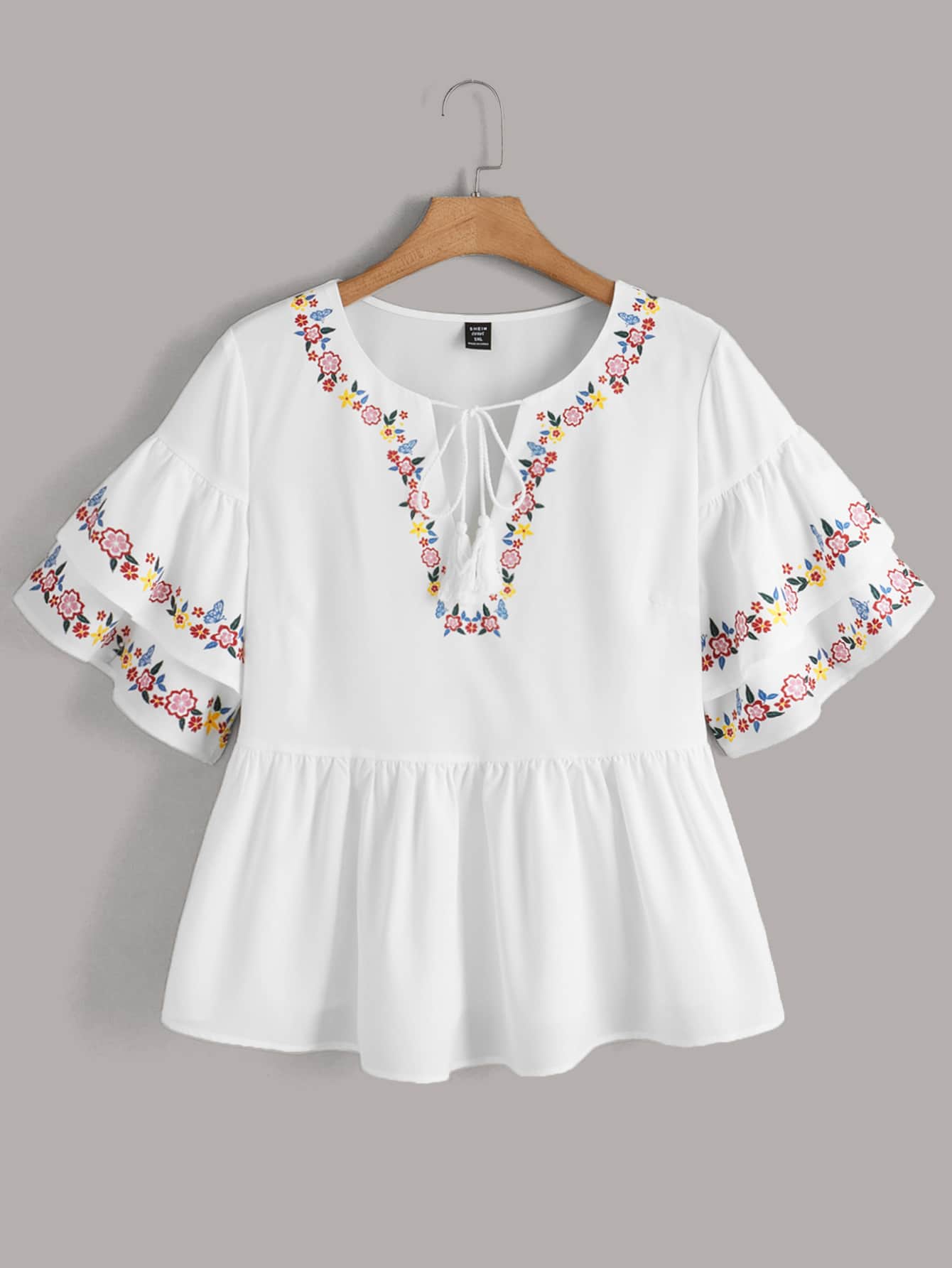 SHEIN VCAY Plus Floral Print Tie Neck Babydoll Blouse - White - View 1