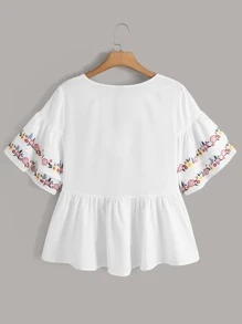 SHEIN VCAY Plus Floral Print Tie Neck Babydoll Blouse - White - View 2