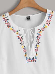 SHEIN VCAY Plus Floral Print Tie Neck Babydoll Blouse - White - View 3