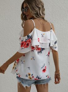Blusa con estampado floral de hombros descubiertos ribete con fruncido - Blanco - Ver 2