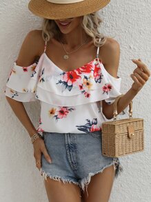 Blusa con estampado floral de hombros descubiertos ribete con fruncido - Blanco - Ver 4