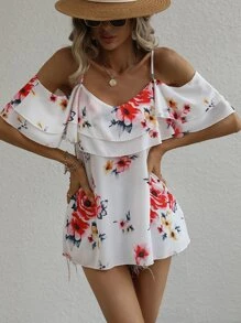 Blusa con estampado floral de hombros descubiertos ribete con fruncido - Blanco - Ver 5