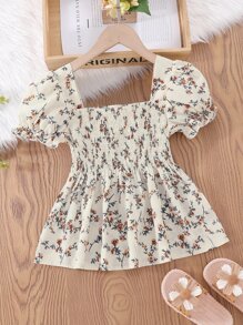 Tween Girl Floral Print Shirred Puff Sleeve Peplum Blouse - Beige - View 3