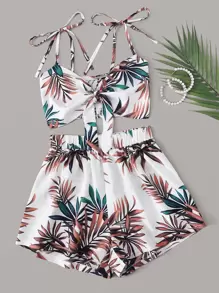 SHEIN Holidaya Tropical Print Tie Shoulder Shirred Cami Top With Shorts - Multicolor - View 1
