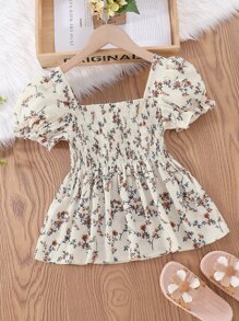 Tween Girl Floral Print Shirred Puff Sleeve Peplum Blouse - Beige - View 2