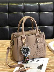 Pom Pom 装饰方形包刺绣细节挎包，PU 斜挎包，女士双手柄钱包带吊坠，母亲节送给妈妈的礼物优雅的蝴蝶结装饰手机钱包，时尚手机壳带卡槽和拉链口袋 - 卡其色 - 查看 2