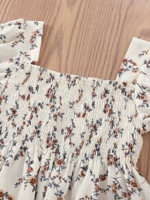 Tween Girl Floral Print Shirred Puff Sleeve Peplum Blouse - Beige - View 5