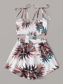 SHEIN Holidaya Tropical Print Tie Shoulder Shirred Cami Top With Shorts - Multicolor - View 2
