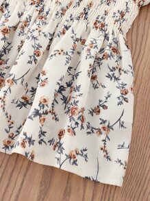 Tween Girl Floral Print Shirred Puff Sleeve Peplum Blouse - Beige - View 6