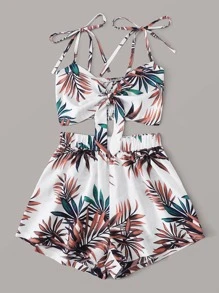SHEIN Holidaya Tropical Print Tie Shoulder Shirred Cami Top With Shorts - Multicolor - View 5