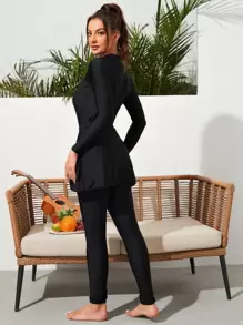 Swim Mulvari Summer Beach Mono Tankini Set Long Sleeve Zip Front High Neck Full Cover Swim Shirt & Leggings 2 Piece Swimsuit