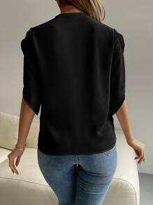 Chiquease Guipure Lace Panel Petal Sleeve Blouse - Black - View 2