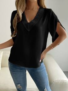 Chiquease Guipure Lace Panel Petal Sleeve Blouse - Black - View 4