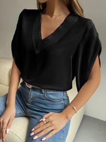 Chiquease Guipure Lace Panel Petal Sleeve Blouse - Black - View 6