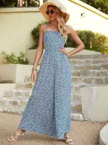 SHEIN Holidaya Ditsy Floral Print Backless Jumpsuit - Blue and White - View 3