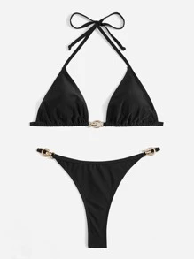 SHEIN Swim Summer Beach O-Ring Detail Halter Triangle Thong Bikini - Black - View 1