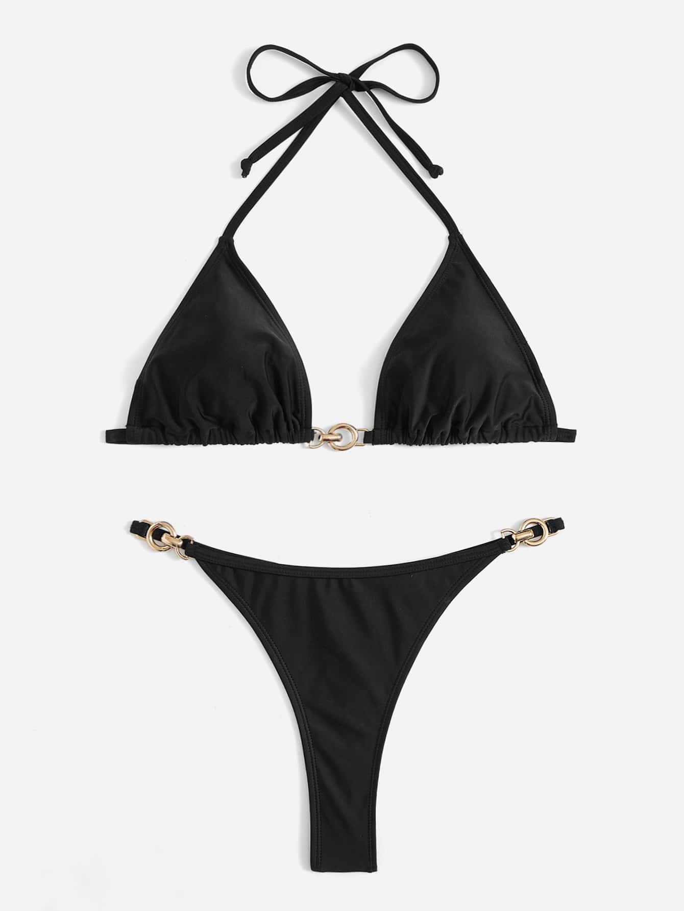 SHEIN Swim Summer Beach O-Ring Detail Halter Triangle Thong Bikini - Black - View 1